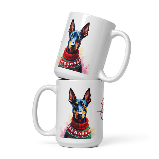 Doberman Pinscher Wearing Ugly Christmas Sweater Glossy White Mug