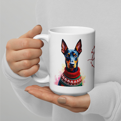 Doberman Pinscher Wearing Ugly Christmas Sweater Glossy White Mug