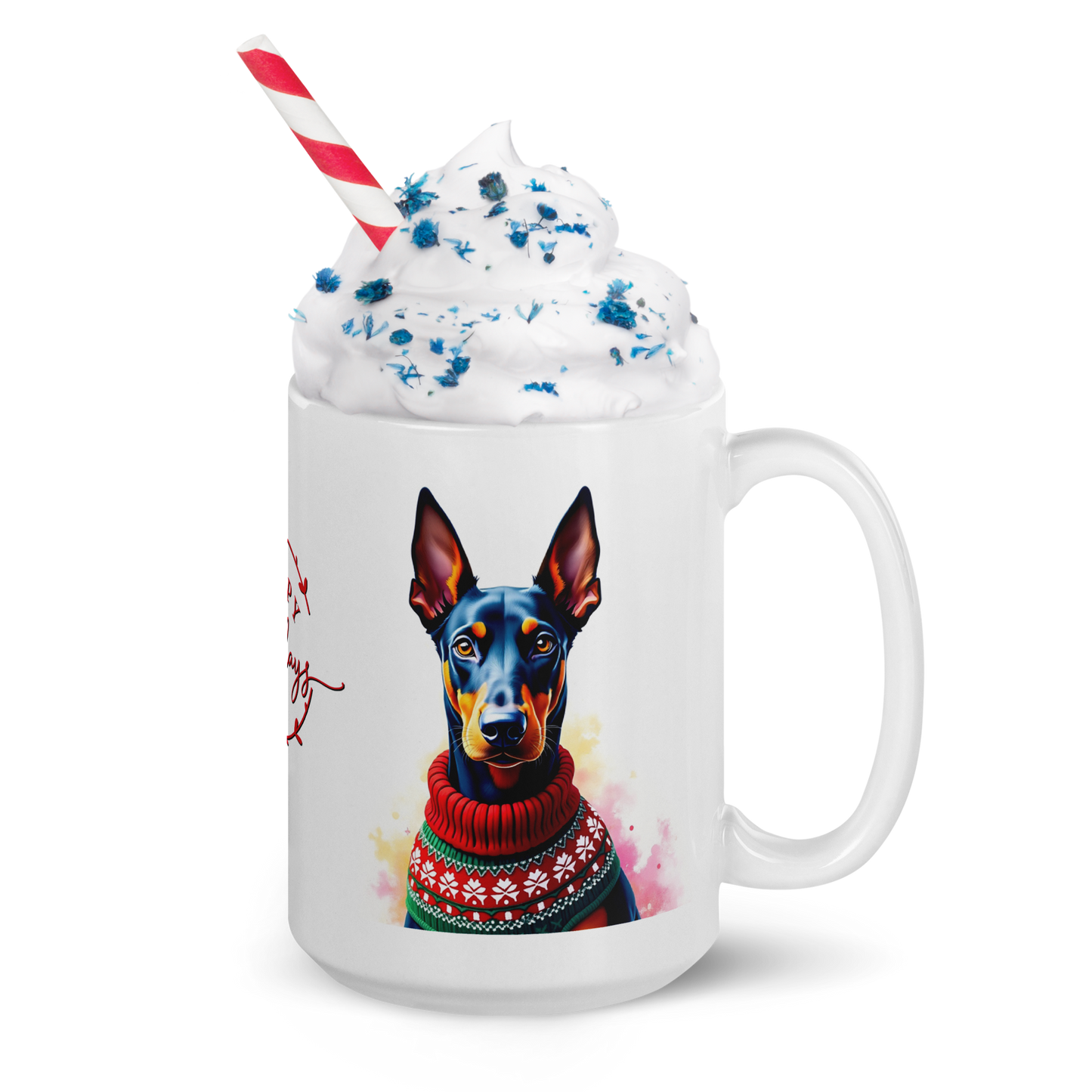 Doberman Pinscher Wearing Ugly Christmas Sweater Glossy White Mug