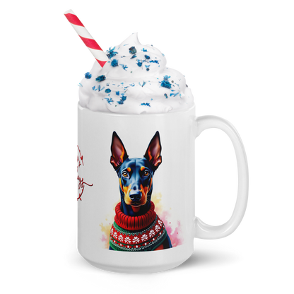 Doberman Pinscher Wearing Ugly Christmas Sweater Glossy White Mug