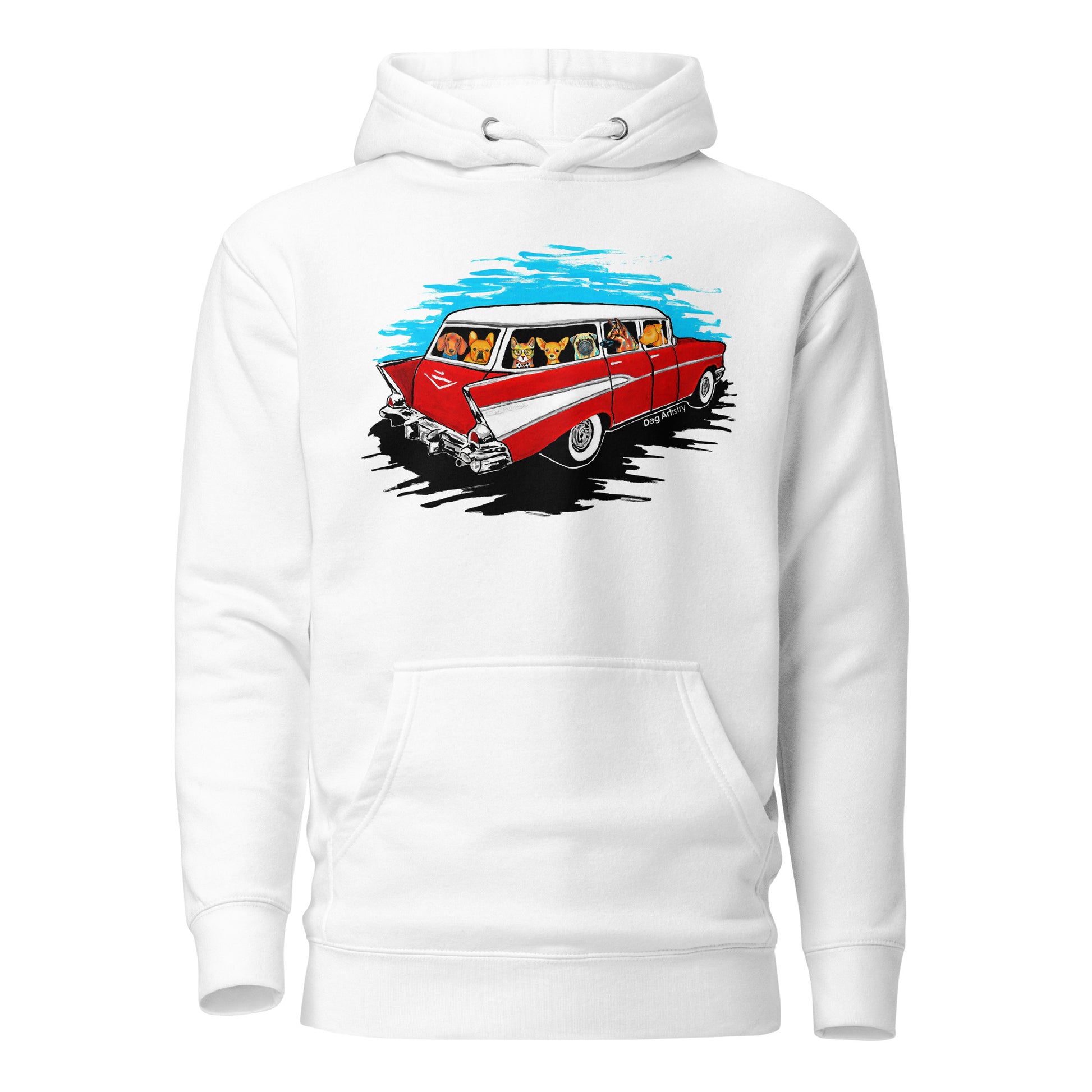 Dog Artistry Unisex Hoodie of a 57 Chevy Wagon full of dogs, Dachshund, French Bulldog, Cat, Chihuahua, Pug, German Shepherd, and Pit Bull.