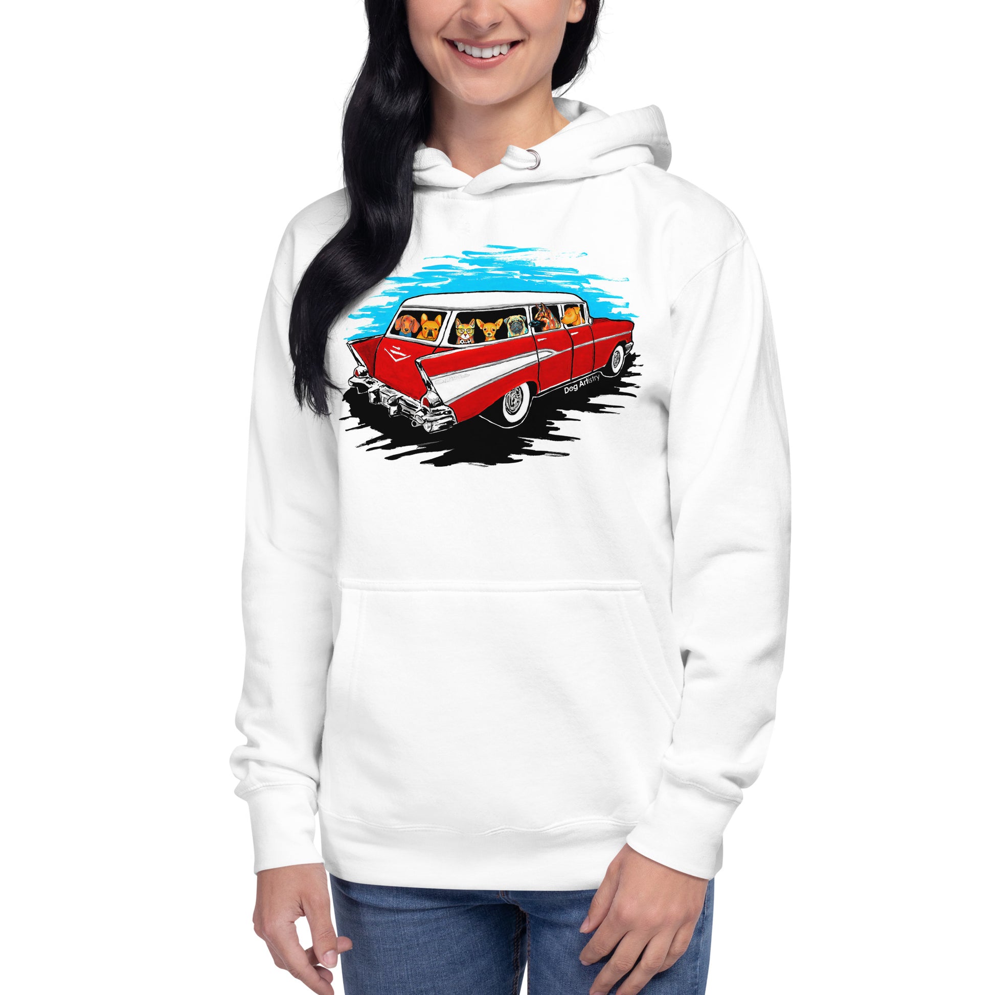 Dog Artistry Unisex Hoodie of a 57 Chevy Wagon full of dogs, Dachshund, French Bulldog, Cat, Chihuahua, Pug, German Shepherd, and Pit Bull.