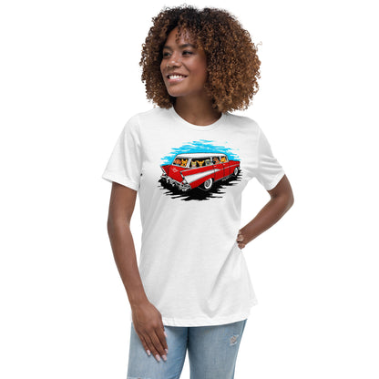 Dog Artistry Relaxed Women’s T-Shirt of a 57 Chevy Wagon full of dogs, Dachshund, French Bulldog, Cat, Chihuahua, Pug, German Shepherd, and Pit Bull.