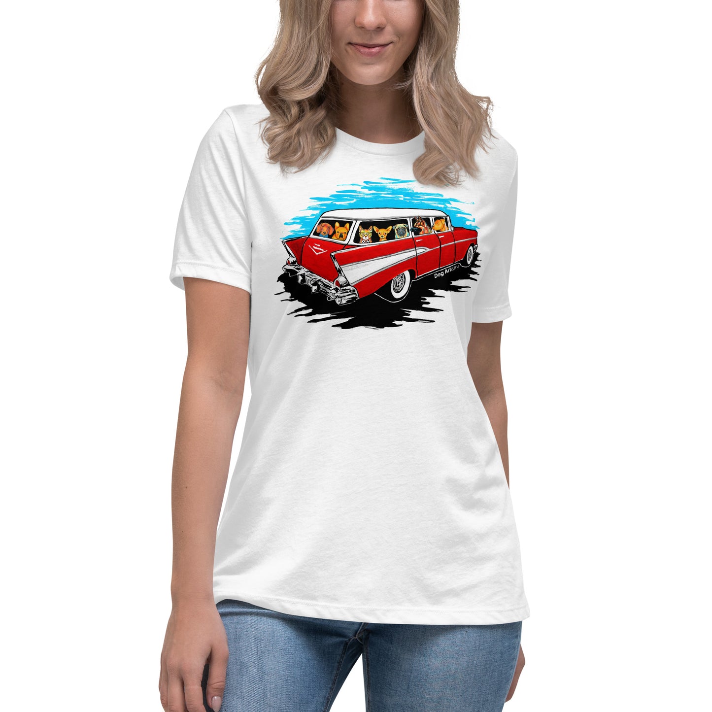 Dog Artistry Relaxed Women’s T-Shirt of a 57 Chevy Wagon full of dogs, Dachshund, French Bulldog, Cat, Chihuahua, Pug, German Shepherd, and Pit Bull.