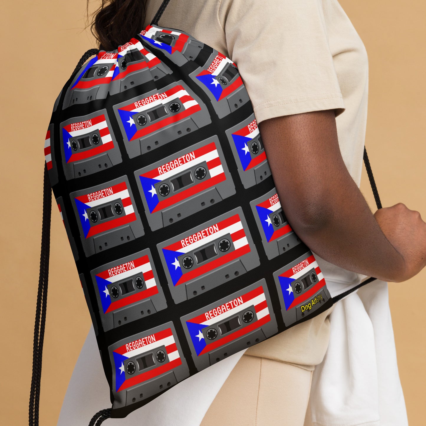 Reggaeton Cassette Tapes with Puerto Rican Flag Drawstring bag