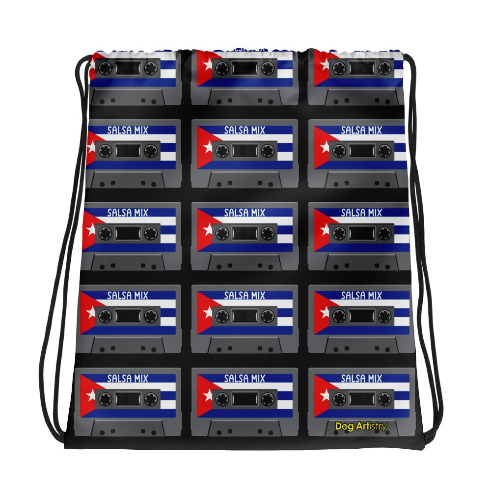 Salsa Cassette Tapes with Cuban Flag Drawstring bag