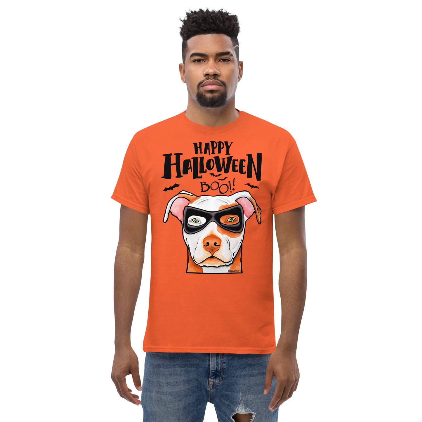 Funny Happy Halloween American Pit Bull wearing mask men’s orange t-shirt by Dog Artistry.