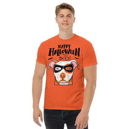Funny Happy Halloween American Pit Bull wearing mask men’s orange t-shirt by Dog Artistry.
