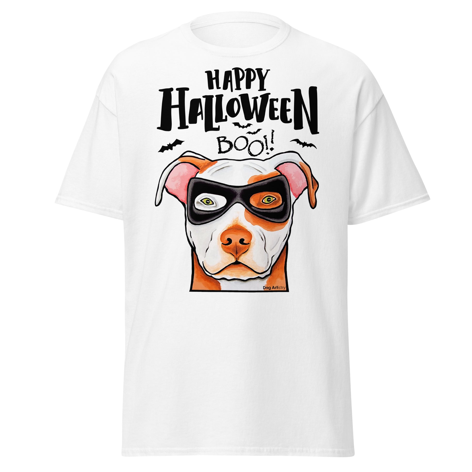Funny Happy Halloween American Pit Bull wearing mask men’s white t-shirt by Dog Artistry.
