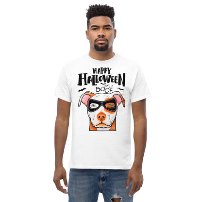 Funny Happy Halloween American Pit Bull wearing mask men’s white t-shirt by Dog Artistry.