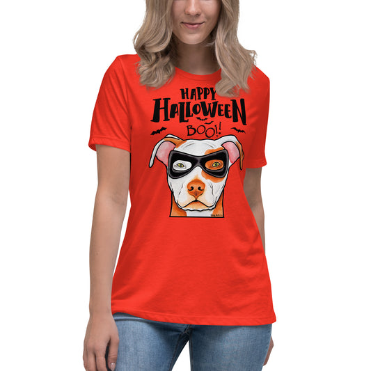 Funny Happy Halloween American Pit Bull wearing mask women’s poppy t-shirt by Dog Artistry.