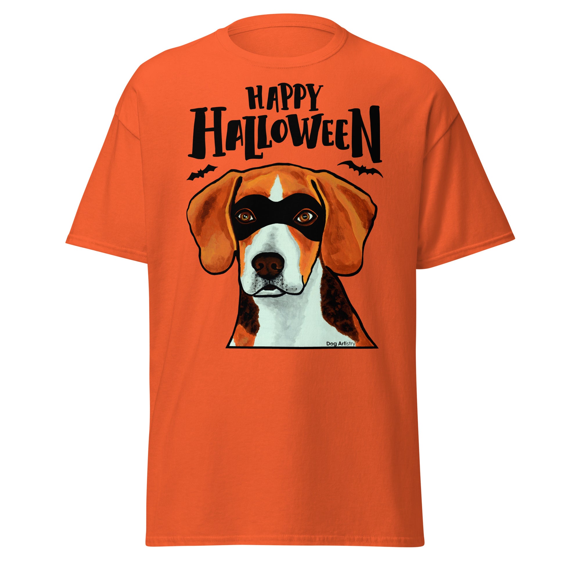 Funny Happy Halloween Beagle wearing mask men’s orange t-shirt by Dog Artistry.