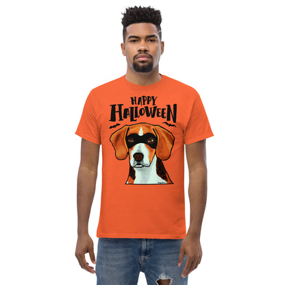 Funny Happy Halloween Beagle wearing mask men’s orange t-shirt by Dog Artistry.