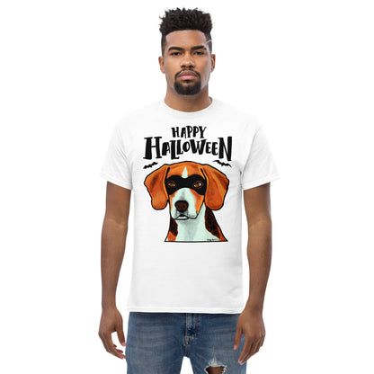 Funny Happy Halloween Beagle wearing mask men’s white t-shirt by Dog Artistry.