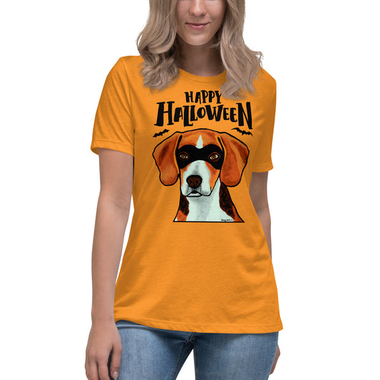Funny Happy Halloween Beagle wearing mask women’s marmalade t-shirt by Dog Artistry.