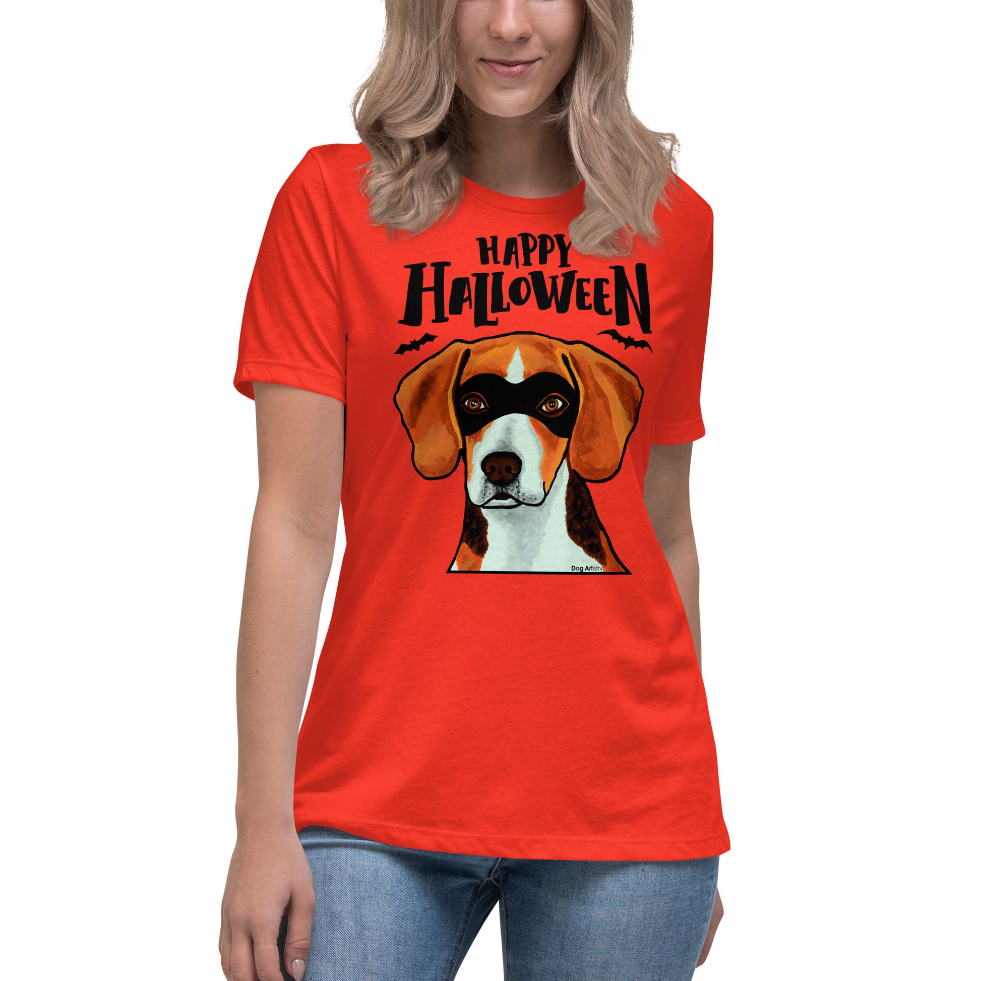 Funny Happy Halloween Beagle wearing mask women’s poppy t-shirt by Dog Artistry.