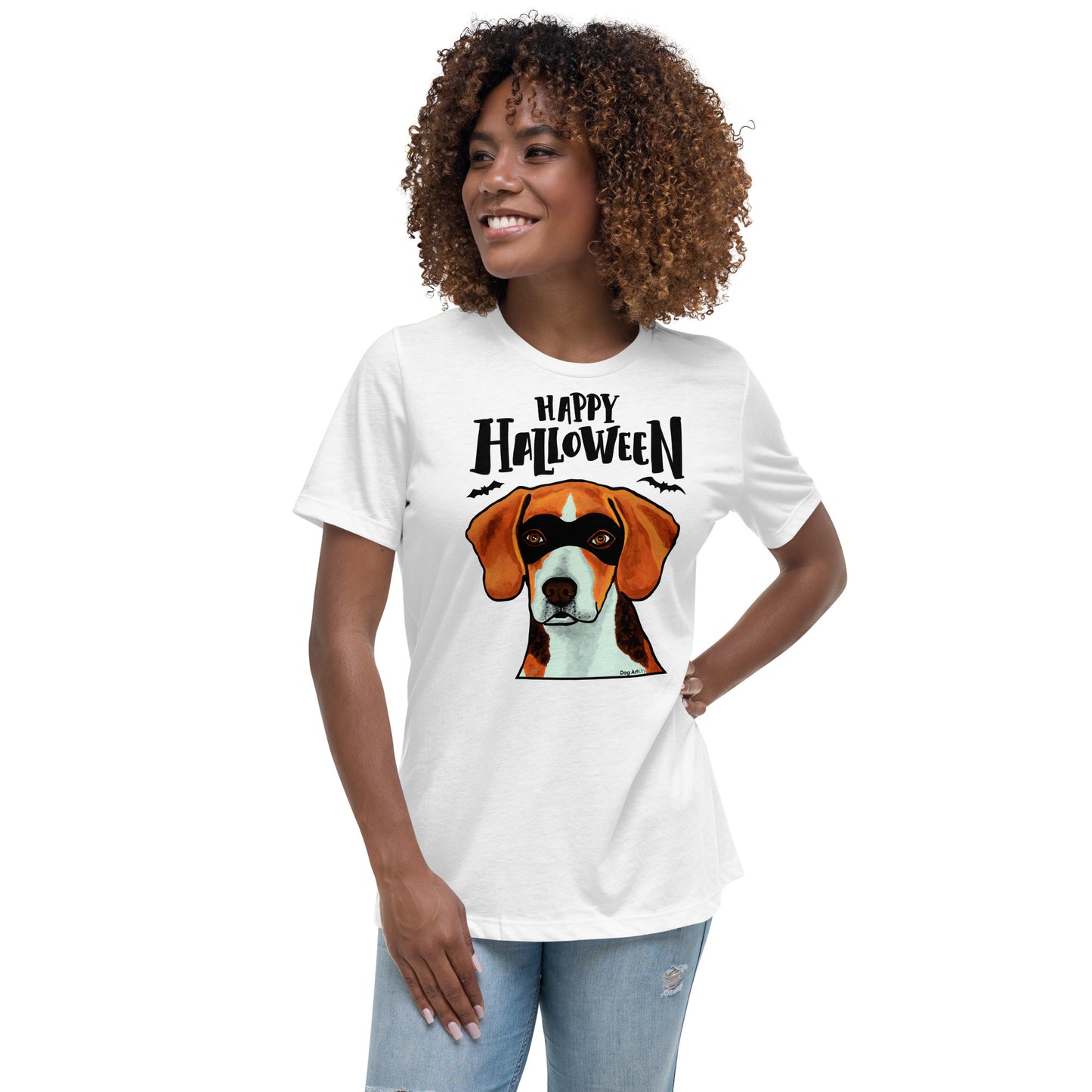 Funny Happy Halloween Beagle wearing mask women’s white t-shirt by Dog Artistry.