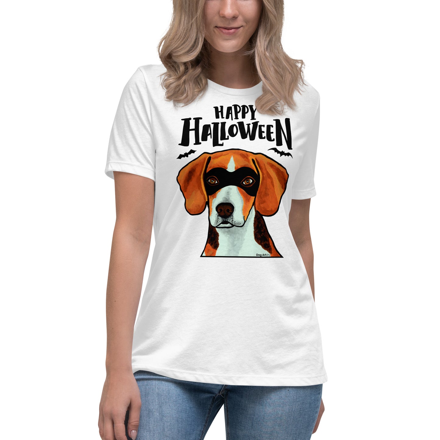 Funny Happy Halloween Beagle wearing mask women’s white t-shirt by Dog Artistry.