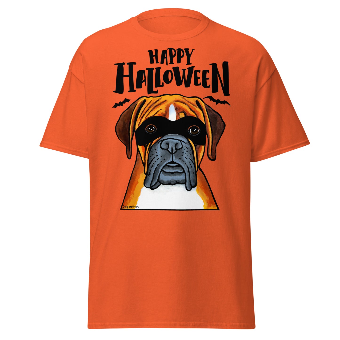 Funny Happy Halloween Boxer wearing mask men’s orange t-shirt by Dog Artistry.