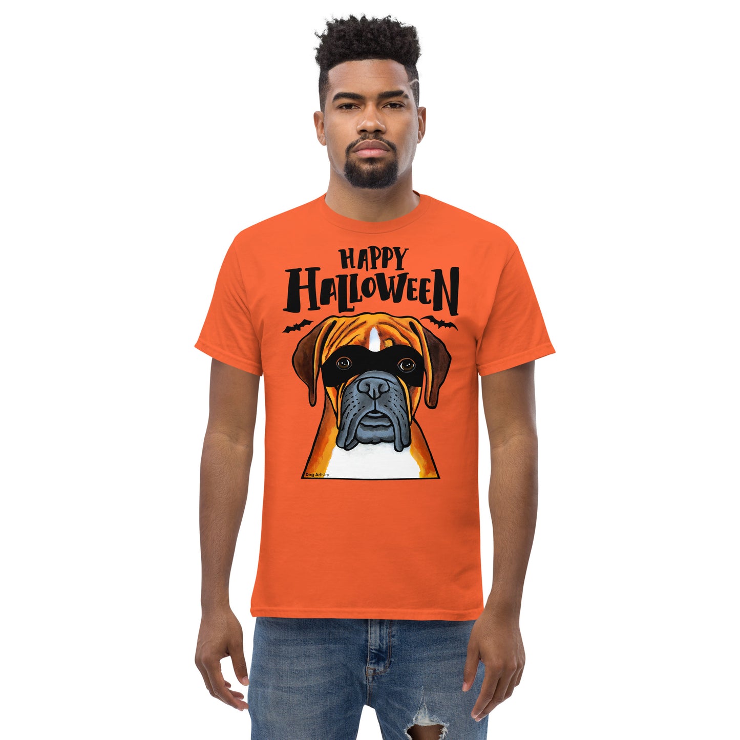 Funny Happy Halloween Boxer wearing mask men’s orange t-shirt by Dog Artistry.
