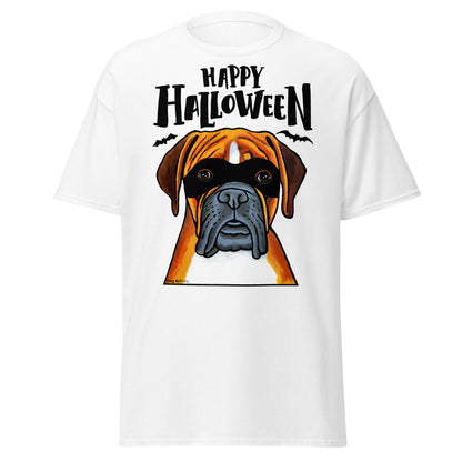Funny Happy Halloween Boxer wearing mask men’s white t-shirt by Dog Artistry.