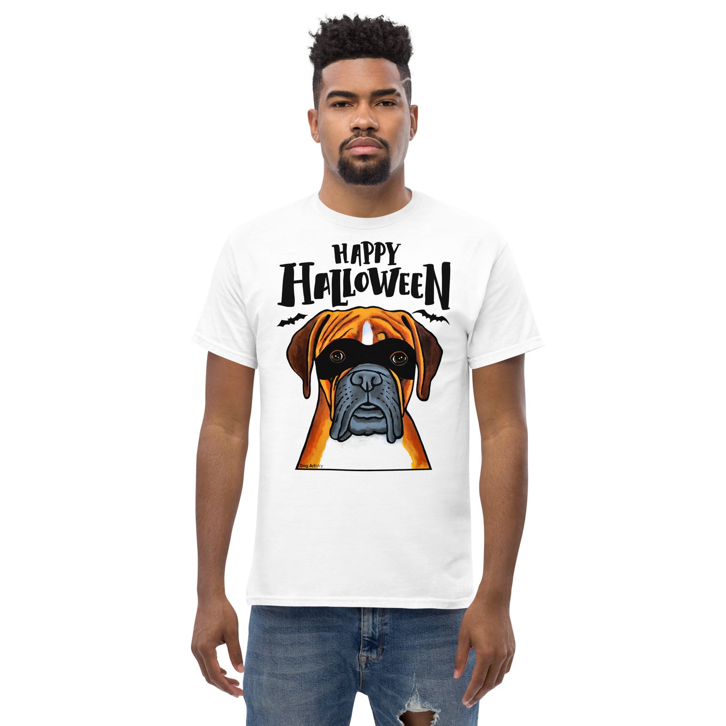 Funny Happy Halloween Boxer wearing mask men’s white t-shirt by Dog Artistry.