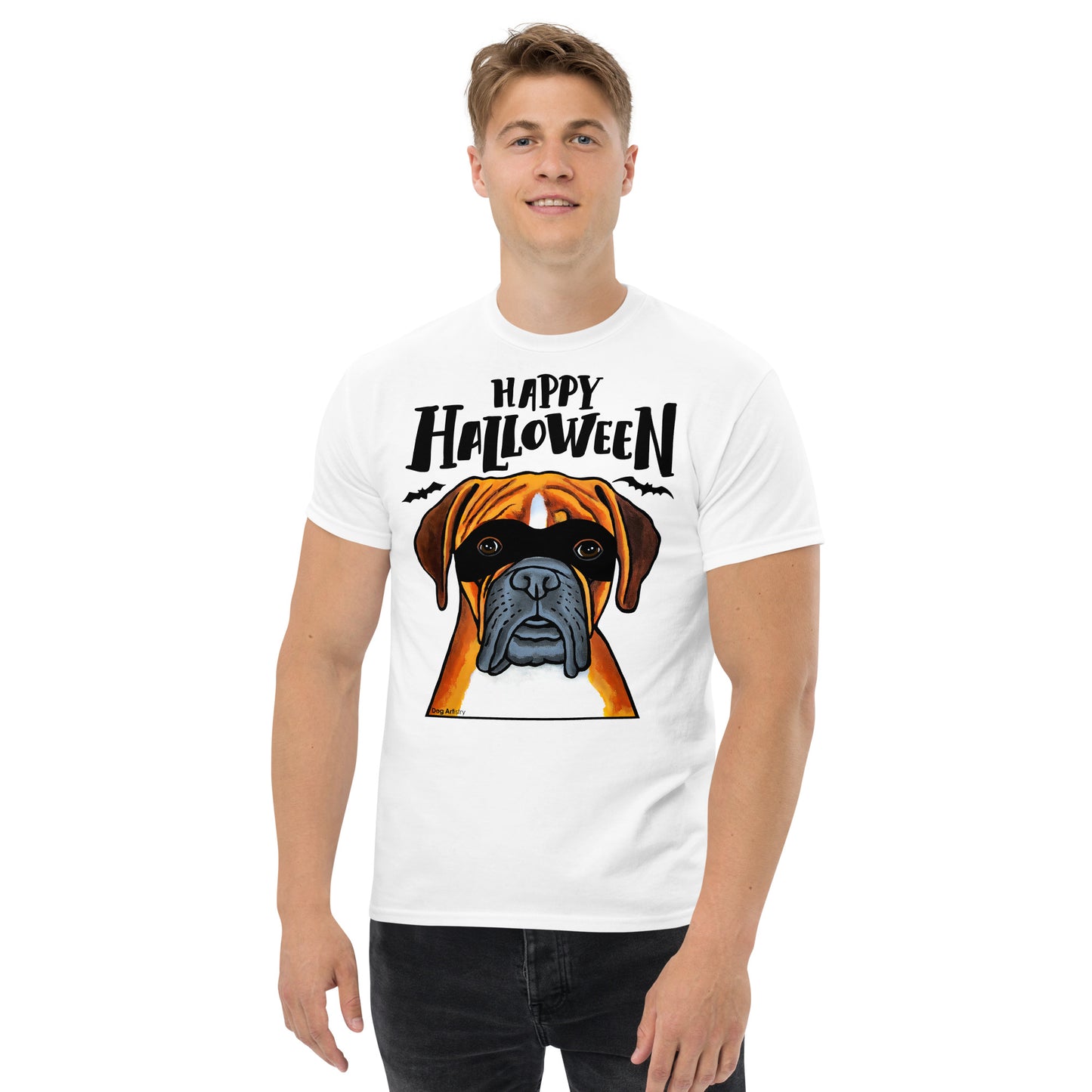 Funny Happy Halloween Boxer wearing mask men’s white t-shirt by Dog Artistry.