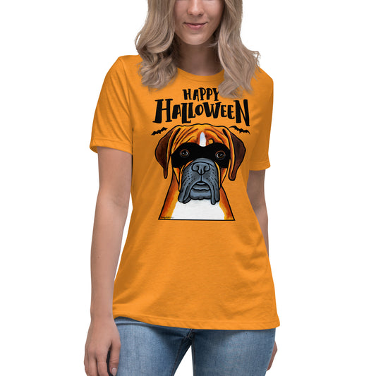 Funny Happy Halloween Boxer wearing mask women’s marmalade t-shirt by Dog Artistry.