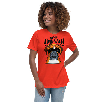 Funny Happy Halloween Boxer wearing mask women’s poppy t-shirt by Dog Artistry.