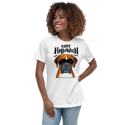 Funny Happy Halloween Boxer wearing mask women’s white t-shirt by Dog Artistry.