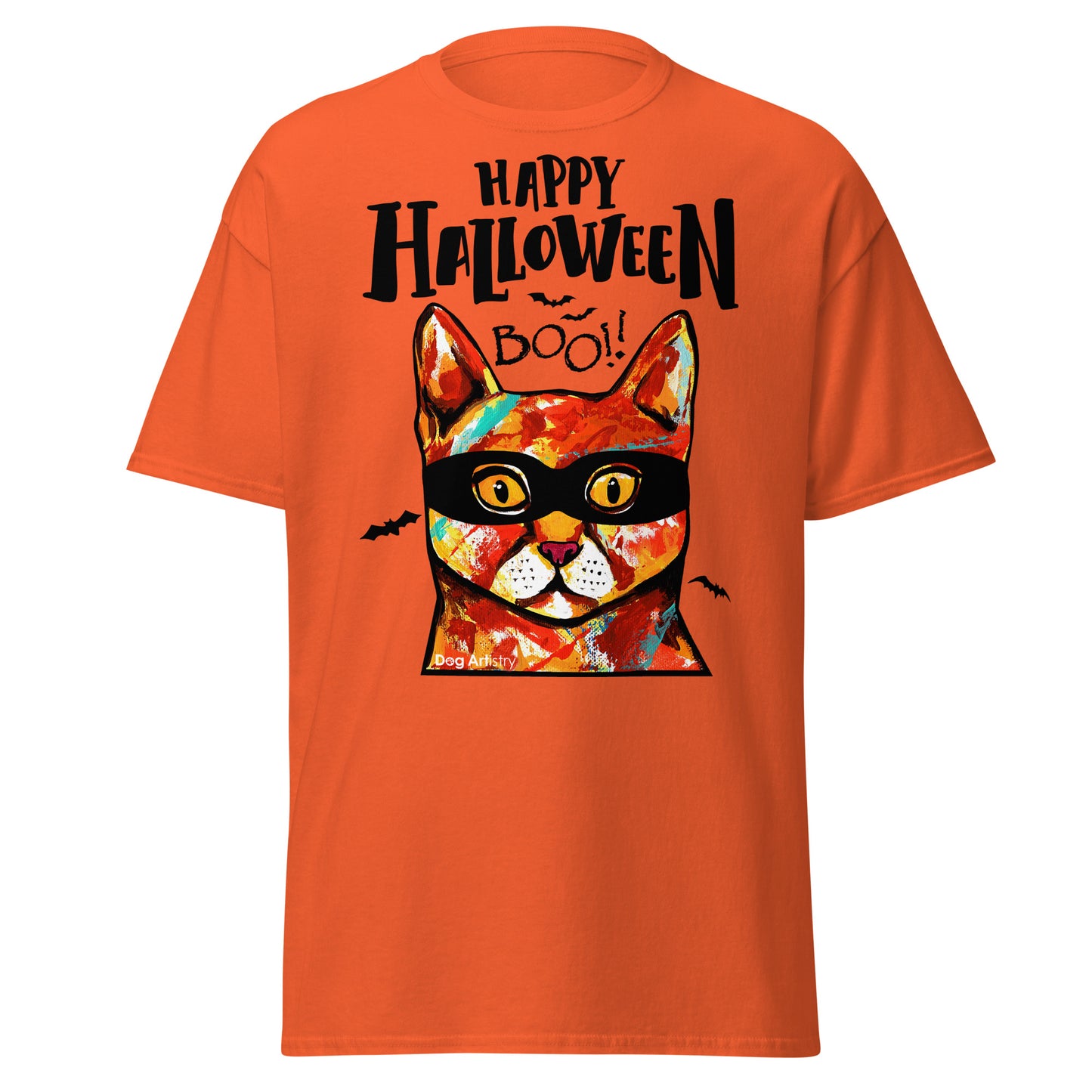 Funny Happy Halloween Cat wearing mask men’s orange t-shirt by Dog Artistry.