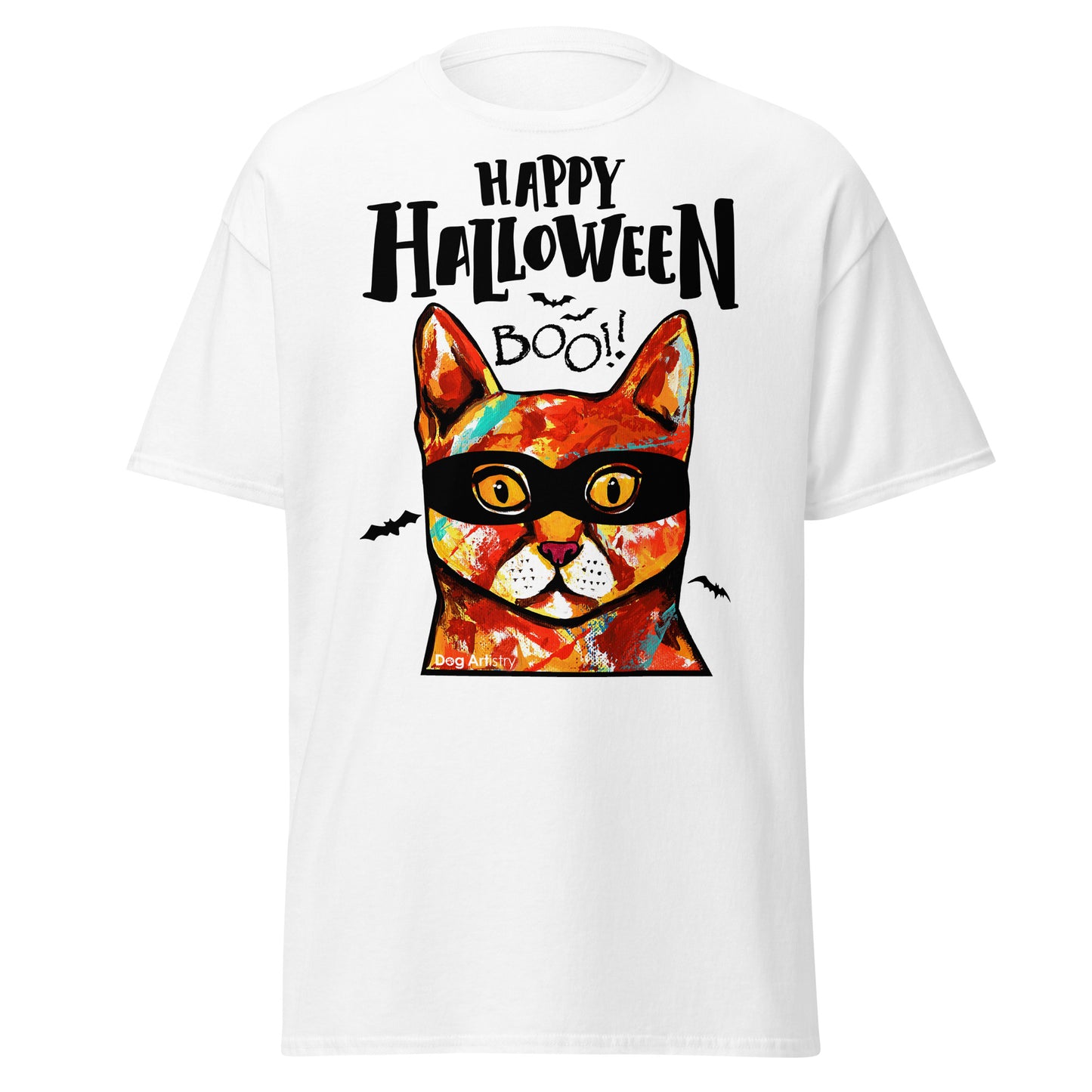 Funny Happy Halloween Cat wearing mask men’s white t-shirt by Dog Artistry.