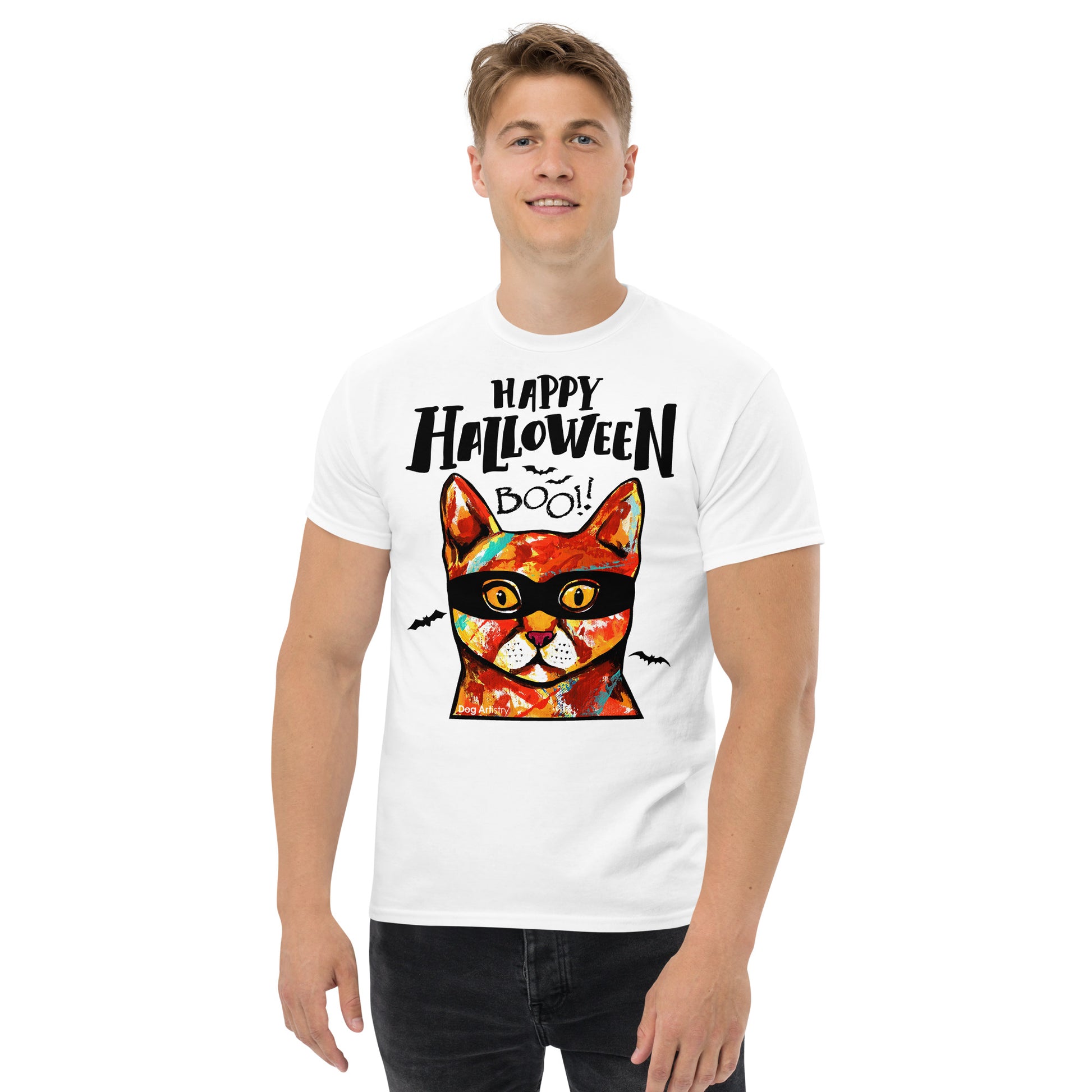 Funny Happy Halloween Cat wearing mask men’s white t-shirt by Dog Artistry.