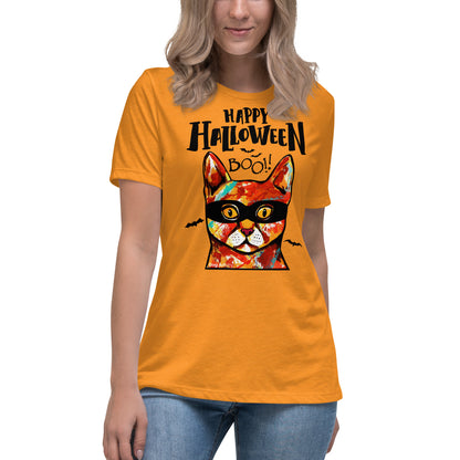 Funny Happy Halloween Cat wearing mask women’s marmalade t-shirt by Dog Artistry.