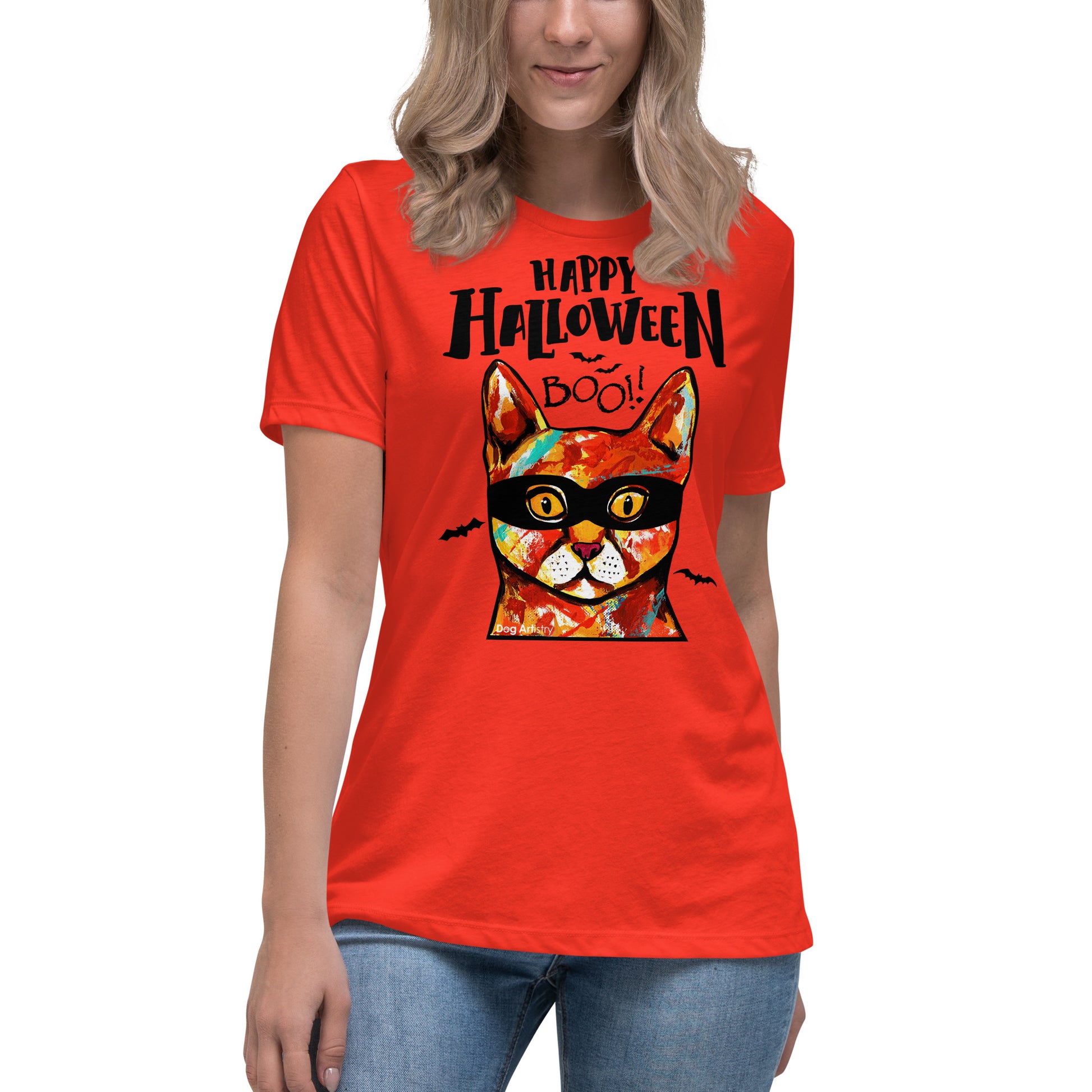 Funny Happy Halloween Cat wearing mask women’s poppy t-shirt by Dog Artistry.