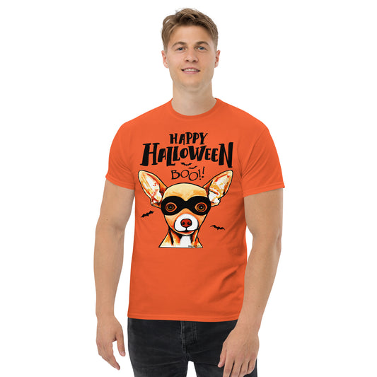 Funny Happy Halloween Chihuahua wearing mask men’s orange t-shirt by Dog Artistry.