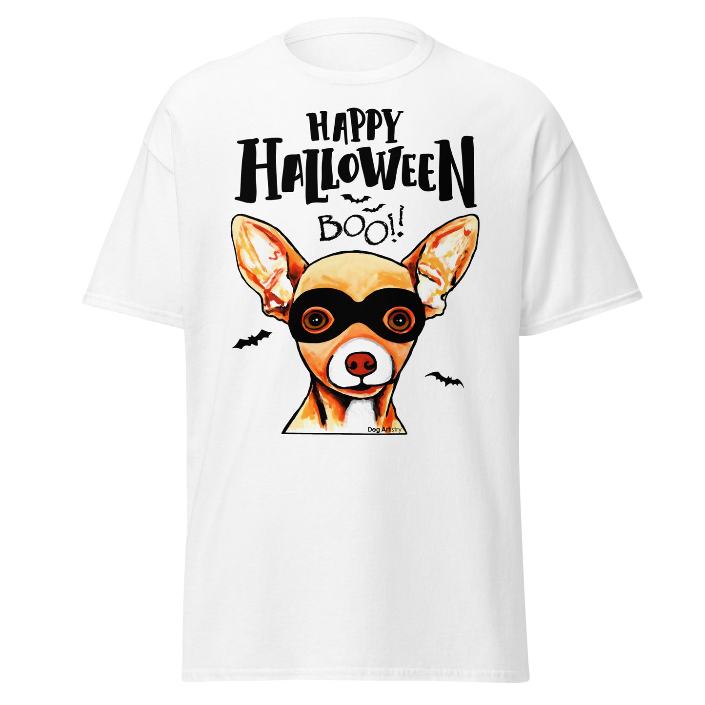 Funny Happy Halloween Chihuahua wearing mask men’s white t-shirt by Dog Artistry.