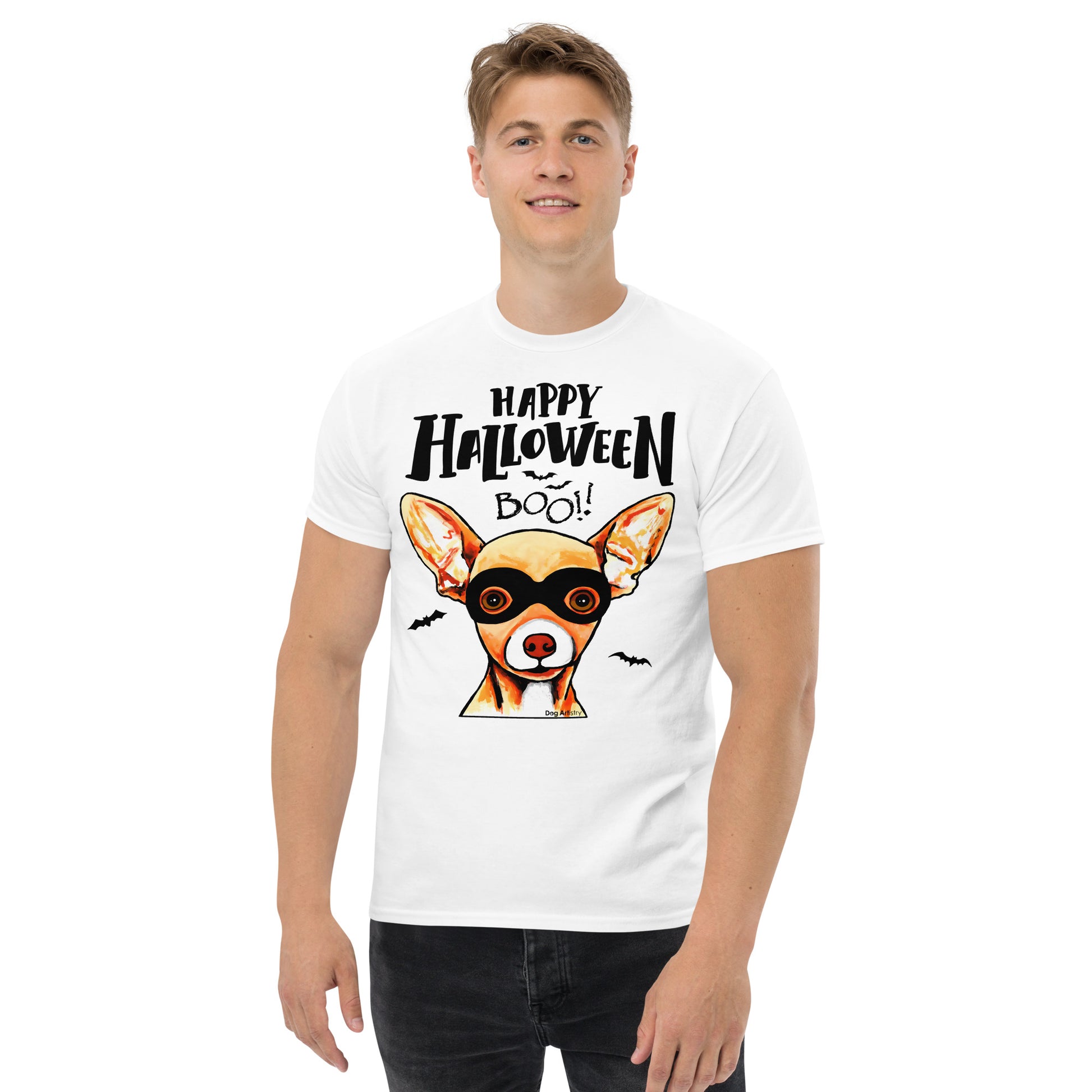 Funny Happy Halloween Chihuahua wearing mask men’s white t-shirt by Dog Artistry.