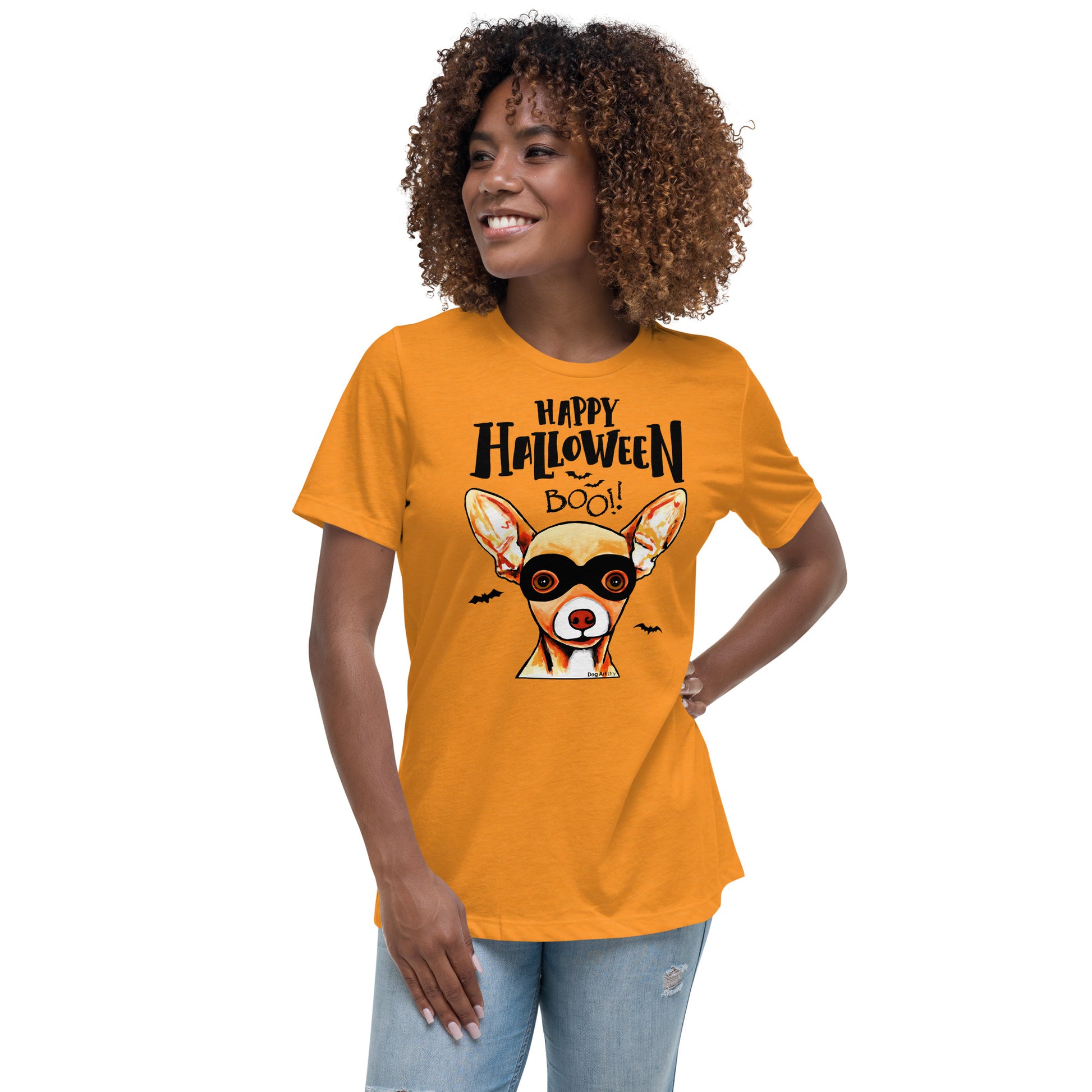 Funny Happy Halloween Chihuahua wearing mask women’s marmalade t-shirt by Dog Artistry.