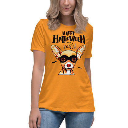 Funny Happy Halloween Chihuahua wearing mask women’s marmalade t-shirt by Dog Artistry.