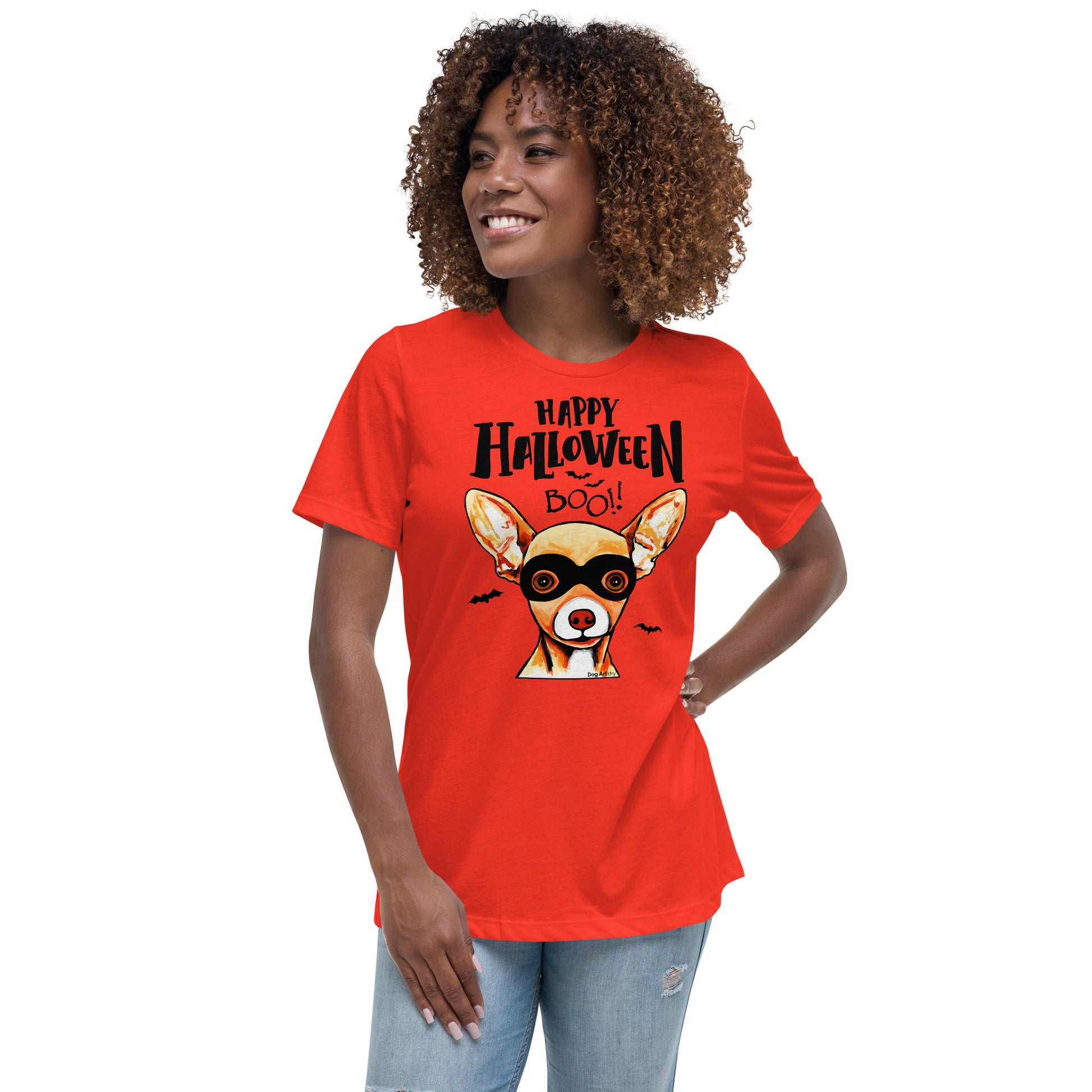 Funny Happy Halloween Chihuahua wearing mask women’s poppy t-shirt by Dog Artistry.