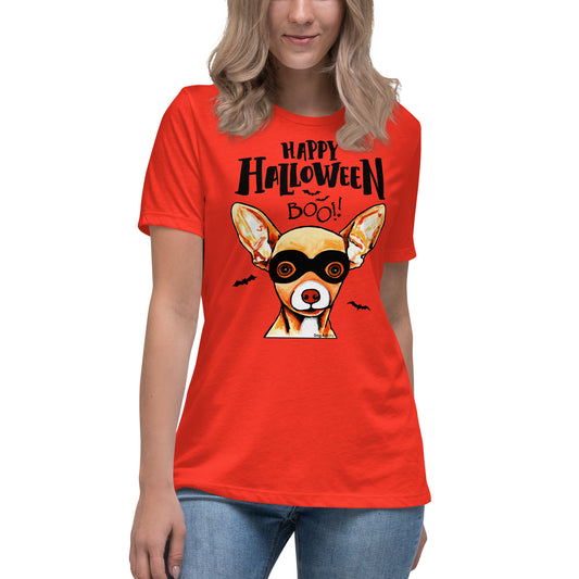 Funny Happy Halloween Chihuahua wearing mask women’s poppy t-shirt by Dog Artistry.