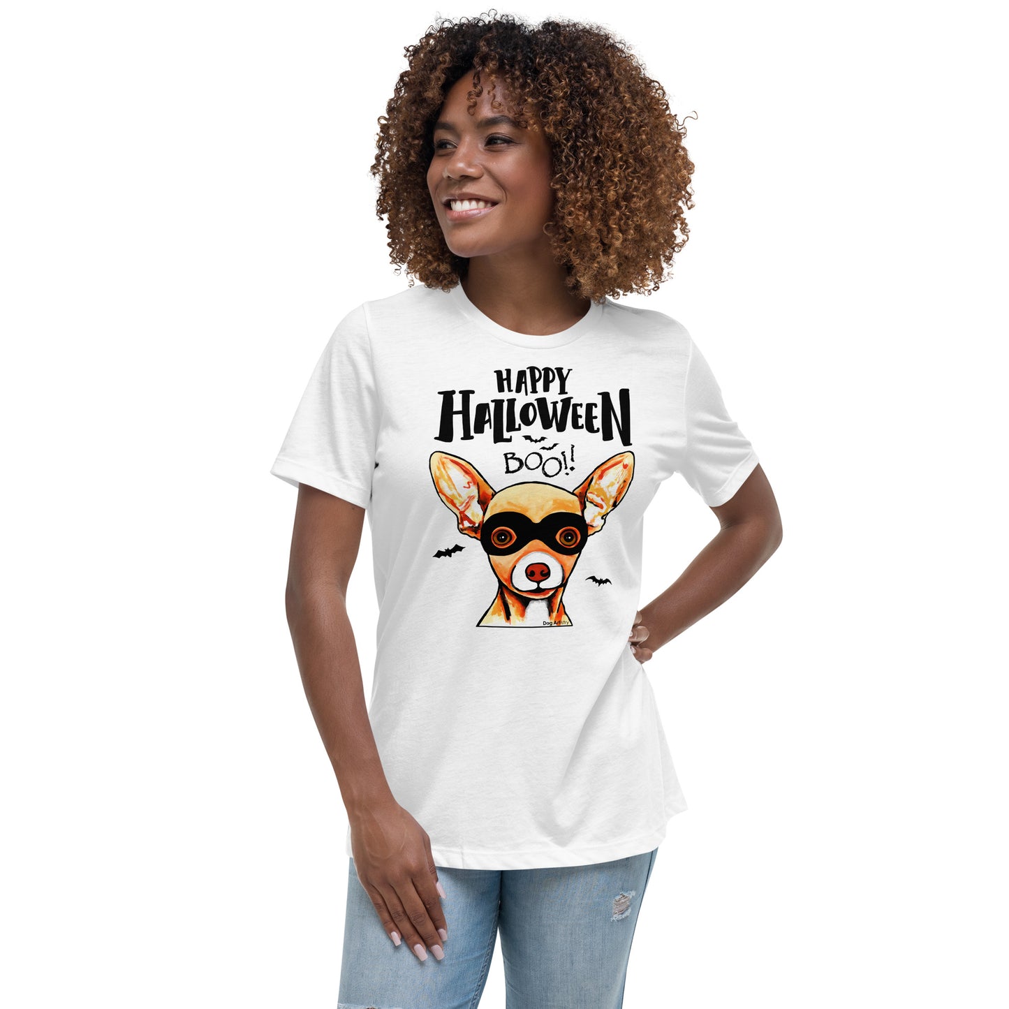 Funny Happy Halloween Chihuahua wearing mask women’s white t-shirt by Dog Artistry.