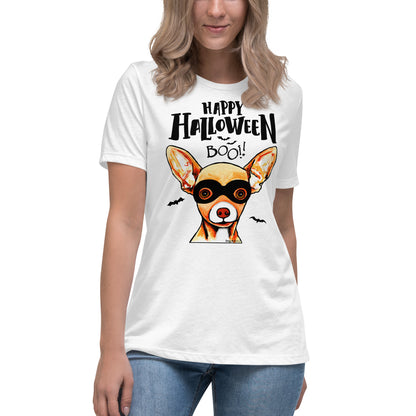 Funny Happy Halloween Chihuahua wearing mask women’s white t-shirt by Dog Artistry.