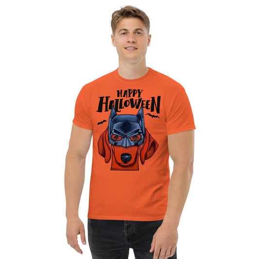 Funny Happy Halloween Dachshund wearing mask men’s orange t-shirt by Dog Artistry.