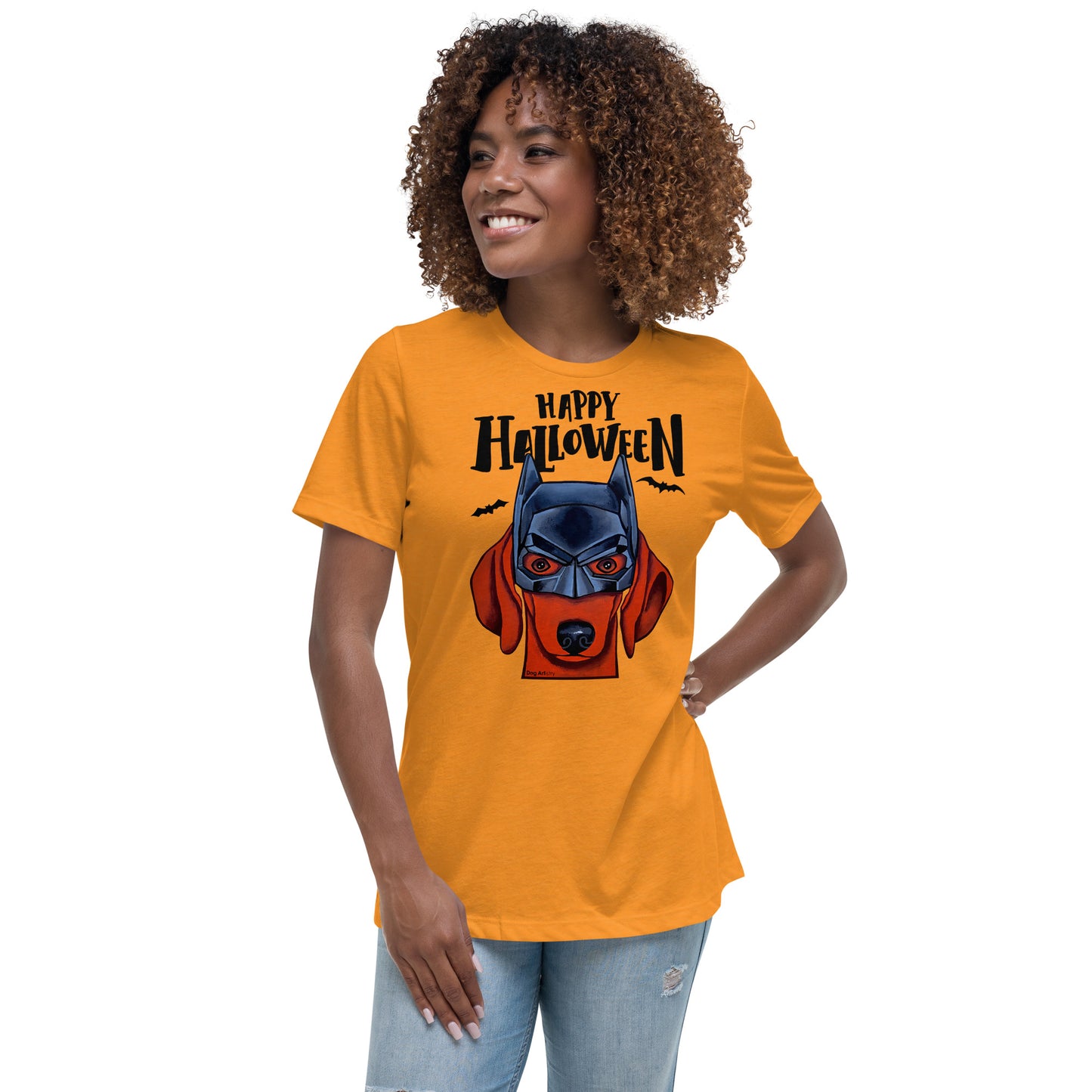 Funny Happy Halloween Dachshund wearing mask women’s marmalade t-shirt by Dog Artistry.