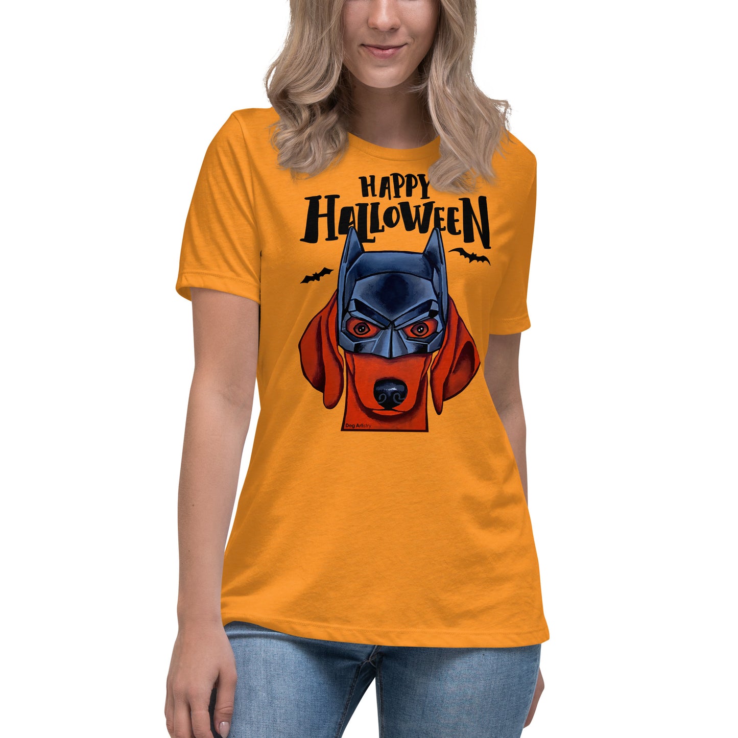 Funny Happy Halloween Dachshund wearing mask women’s marmalade t-shirt by Dog Artistry.