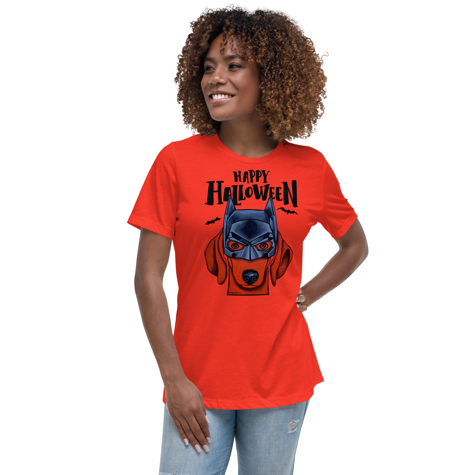 Funny Happy Halloween Dachshund wearing mask women’s poppy t-shirt by Dog Artistry.