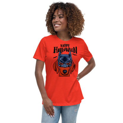 Funny Happy Halloween Dachshund wearing mask women’s poppy t-shirt by Dog Artistry.