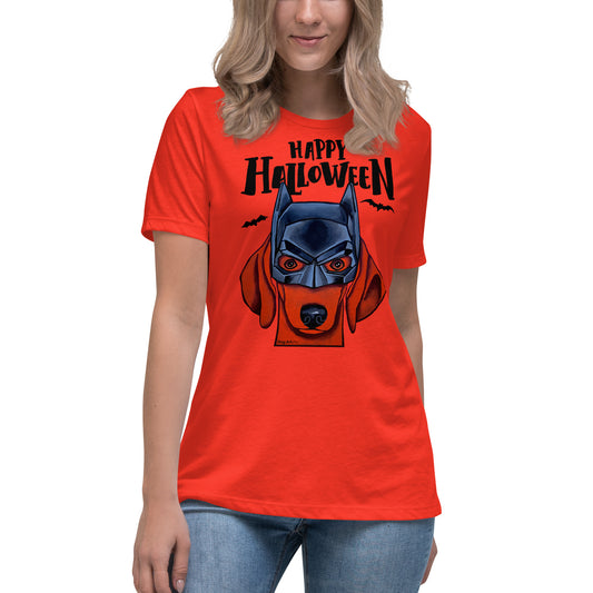 Funny Happy Halloween Dachshund wearing mask women’s poppy t-shirt by Dog Artistry.